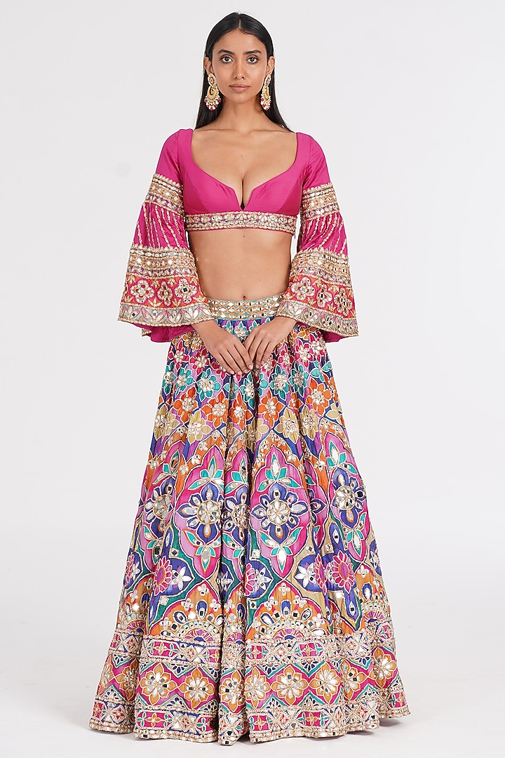 Multi-Colored Chanderi Mirror & Zari Embroidered Bridal Lehenga Set by Abhinav Mishra at Pernia's Pop Up Shop