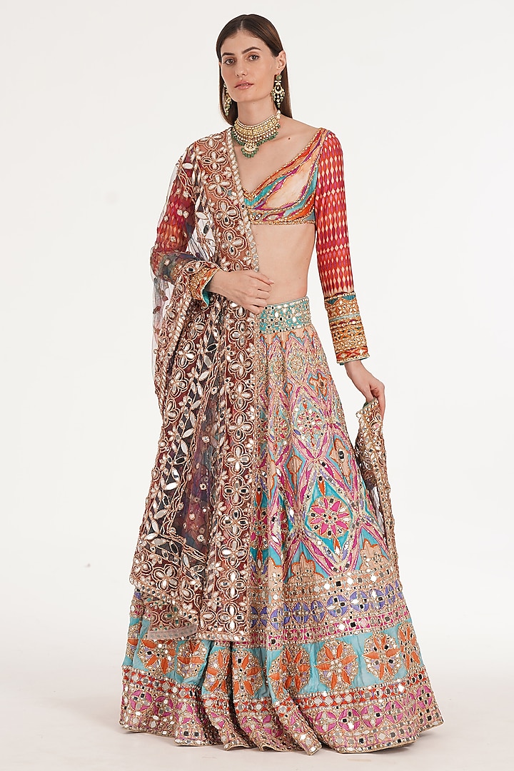 Lake Blue Chanderi Mirror & Zari Embroidered Bridal Lehenga Set by Abhinav Mishra at Pernia's Pop Up Shop