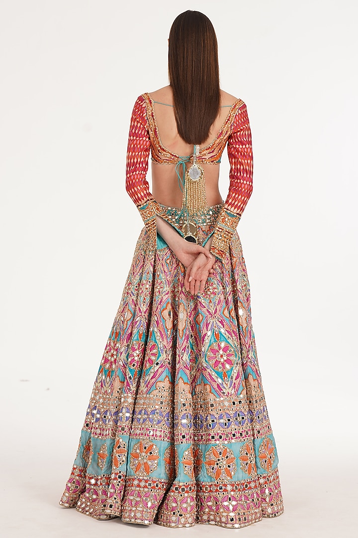 Lake Blue Chanderi Mirror & Zari Embroidered Bridal Lehenga Set by Abhinav Mishra at Pernia's Pop Up Shop
