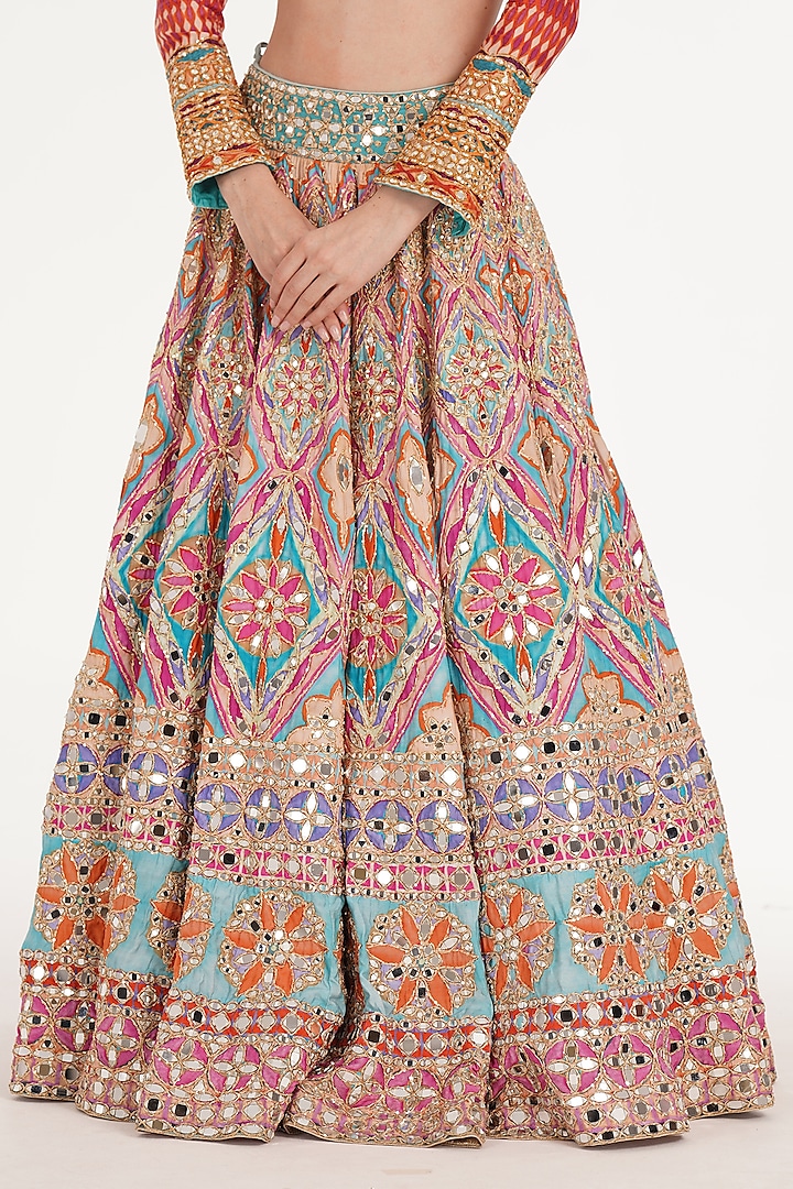 Lake Blue Chanderi Mirror & Zari Embroidered Bridal Lehenga Set by Abhinav Mishra at Pernia's Pop Up Shop