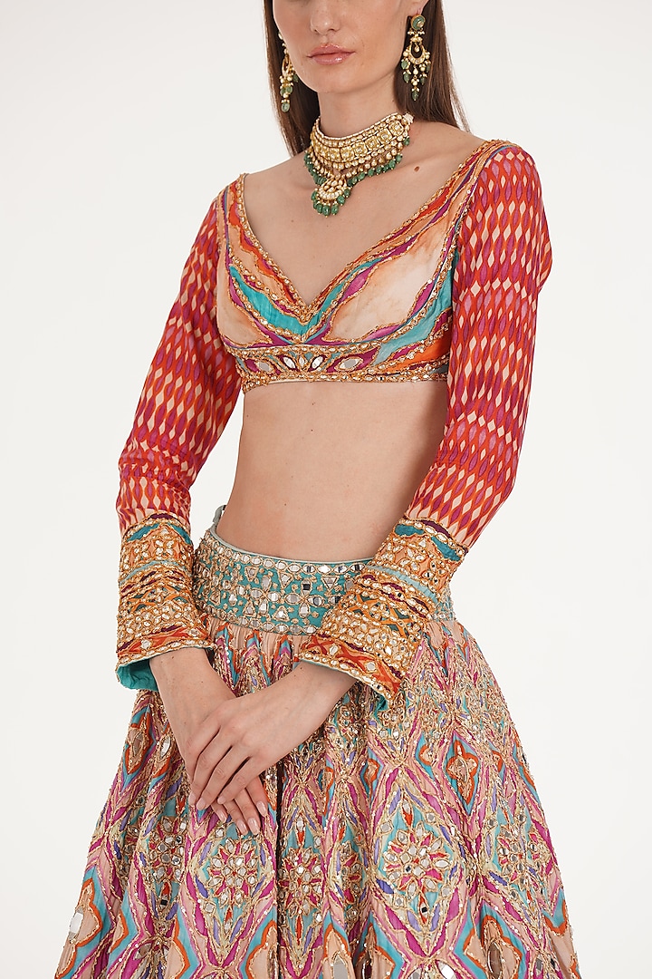 Lake Blue Chanderi Mirror & Zari Embroidered Bridal Lehenga Set by Abhinav Mishra at Pernia's Pop Up Shop