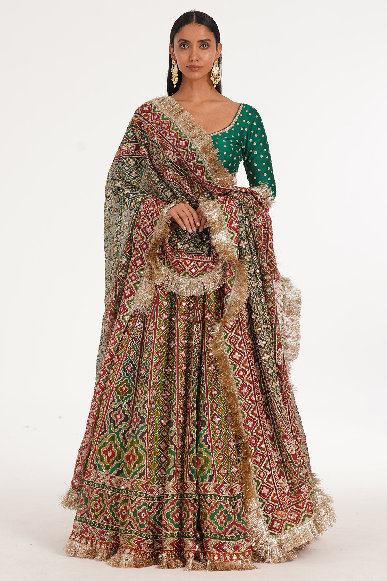 Multi-Colored Organza Zari & Thread Embroidered Chevron Bridal Lehenga Set by Abhinav Mishra at Pernia's Pop Up Shop