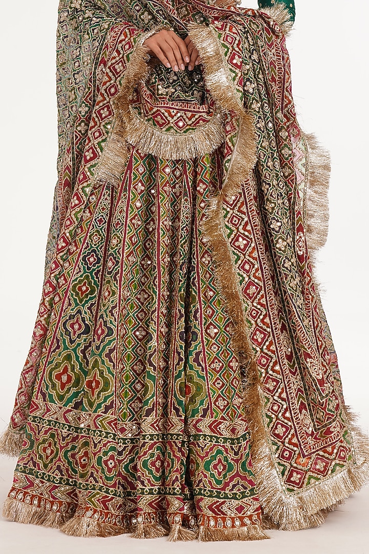 Multi-Colored Organza Zari & Thread Embroidered Chevron Bridal Lehenga Set by Abhinav Mishra at Pernia's Pop Up Shop