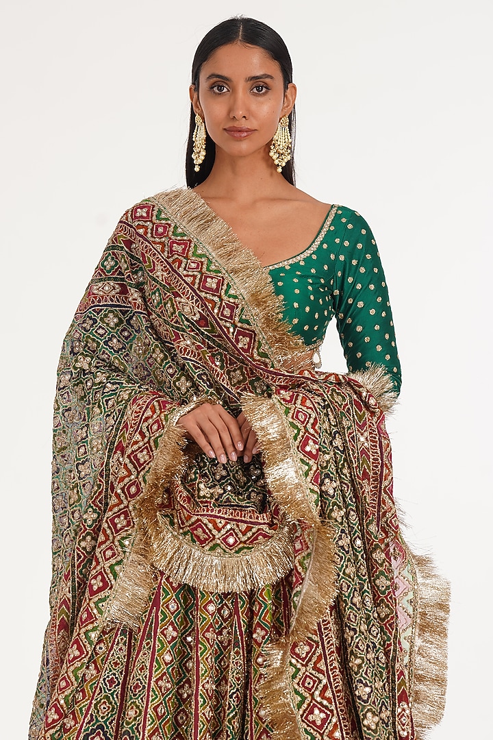 Multi-Colored Organza Zari & Thread Embroidered Chevron Bridal Lehenga Set by Abhinav Mishra at Pernia's Pop Up Shop