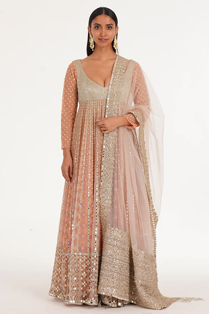 Multi-Colored Organza Dori Thread Embroidered Bridal Anarkali Set by Abhinav Mishra at Pernia's Pop Up Shop