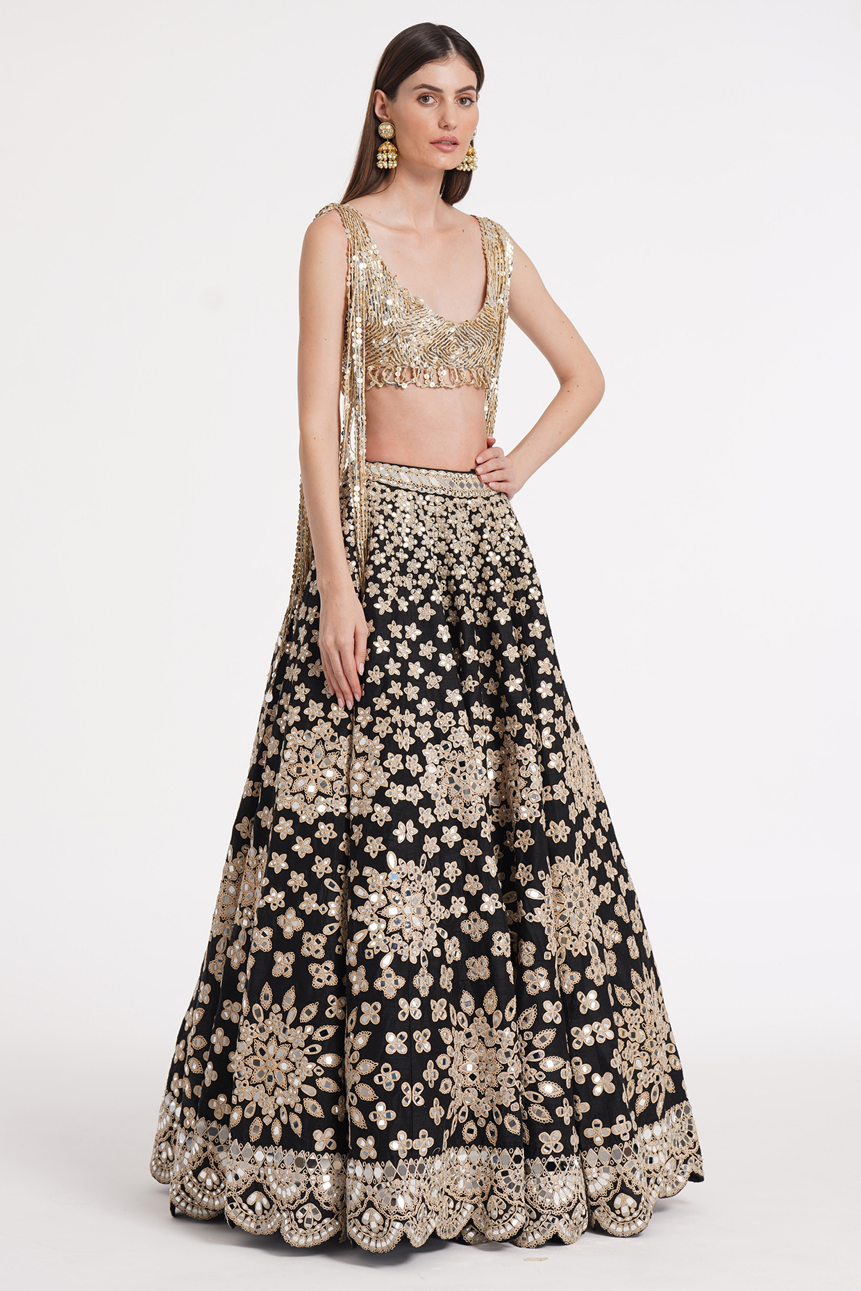 Matte Black Pure Silk Sequin & Mirror Embroidered Bridal Lehenga Set by Abhinav Mishra at Pernia's Pop Up Shop