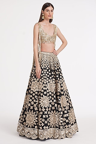 Matte Black Pure Silk Sequin & Mirror Embroidered Lehenga Set by Abhinav Mishra