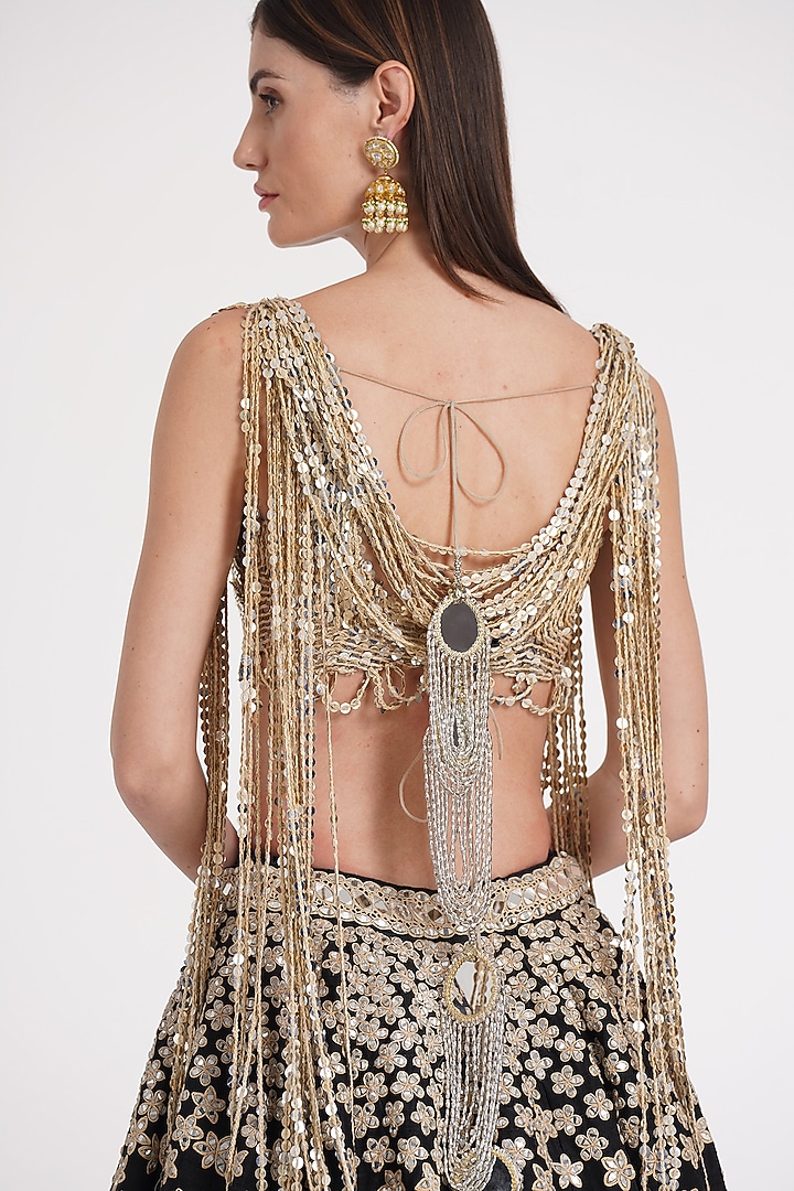 Matte Black Pure Silk Sequin & Mirror Embroidered Bridal Lehenga Set by Abhinav Mishra at Pernia's Pop Up Shop