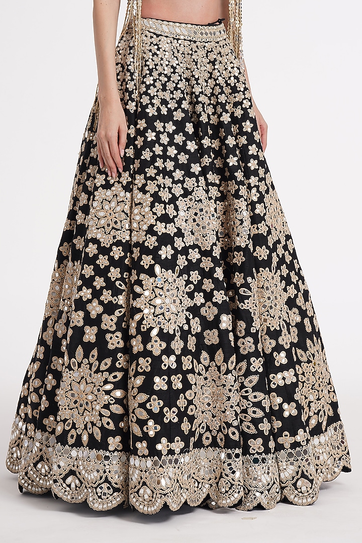 Matte Black Pure Silk Sequin & Mirror Embroidered Bridal Lehenga Set by Abhinav Mishra at Pernia's Pop Up Shop