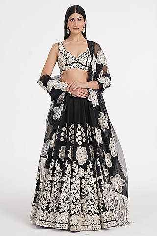 Jet Black Pure Silk Zari & Mirror Embroidered Lehenga Set by Abhinav Mishra