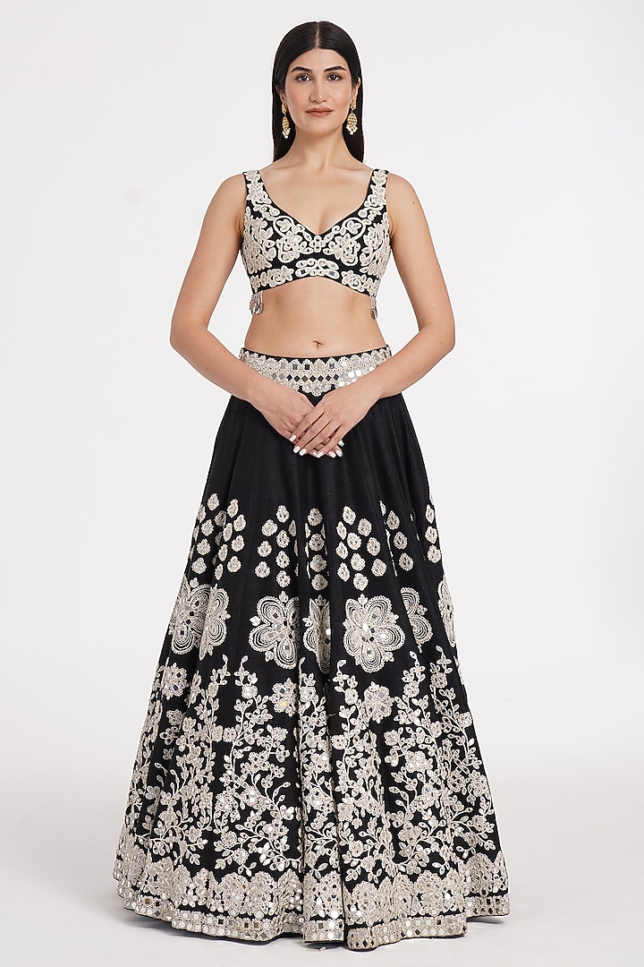 Jet Black Pure Silk Zari & Mirror Embroidered Bridal Lehenga Set by Abhinav Mishra at Pernia's Pop Up Shop
