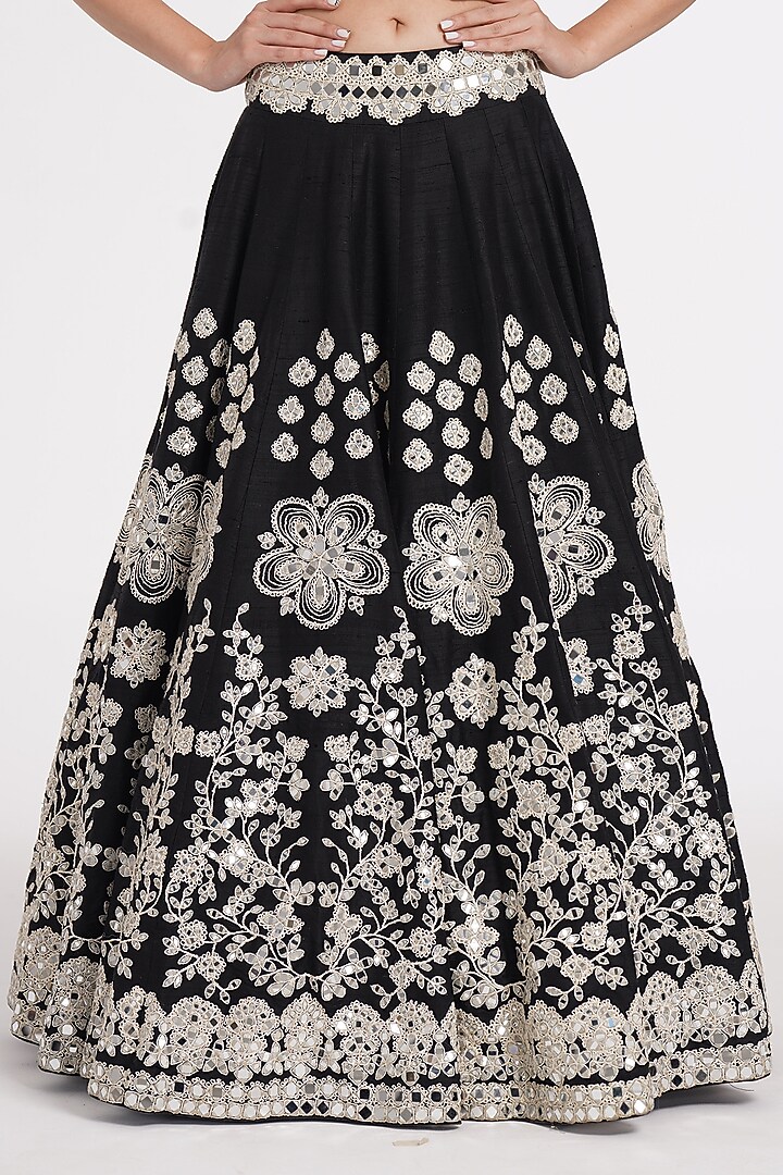Jet Black Pure Silk Zari & Mirror Embroidered Bridal Lehenga Set by Abhinav Mishra at Pernia's Pop Up Shop