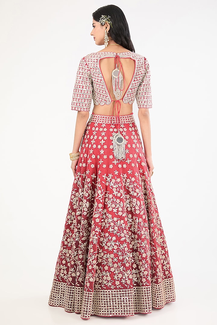 Red Raw Silk Mirror Embroidered Bridal Lehenga Set by Abhinav Mishra at Pernia's Pop Up Shop