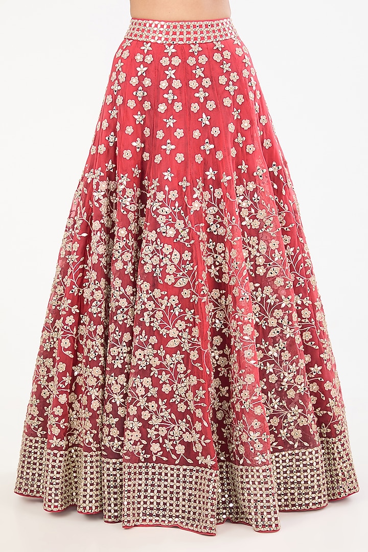 Red Raw Silk Mirror Embroidered Bridal Lehenga Set by Abhinav Mishra at Pernia's Pop Up Shop