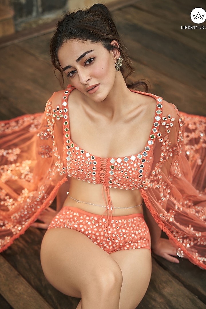 Orange Net Embellished Bikini Set by Abhinav Mishra