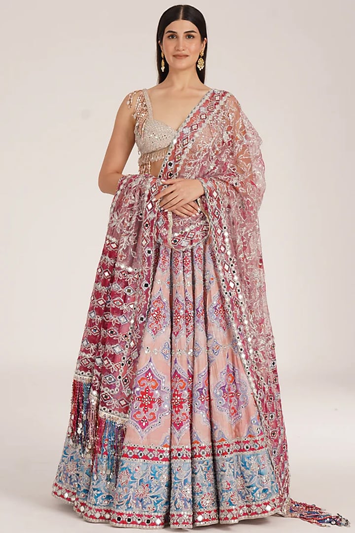 Multi-Colored Chanderi Mirror Embroidered Bridal Lehenga Set by Abhinav Mishra at Pernia's Pop Up Shop