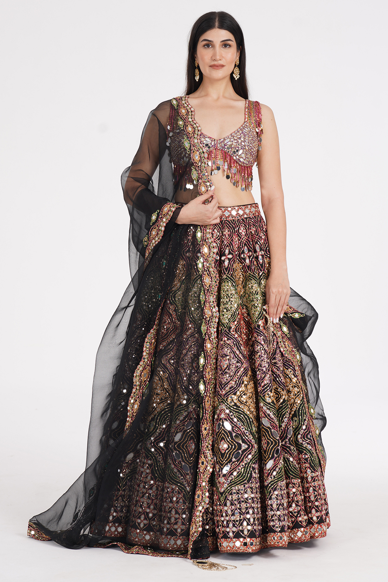 Matte Black Pure Silk Sequin & Mirror Embroidered Bridal Lehenga Set by Abhinav Mishra at Pernia's Pop Up Shop