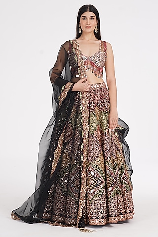 Matte Black Pure Silk Sequin & Mirror Embroidered Lehenga Set by Abhinav Mishra