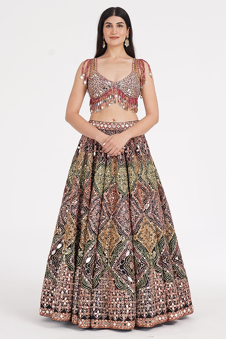 Matte Black Pure Silk Sequin & Mirror Embroidered Bridal Lehenga Set by Abhinav Mishra at Pernia's Pop Up Shop