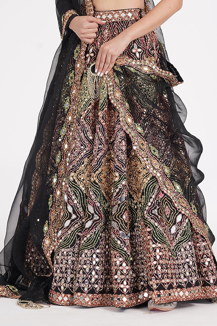 Matte Black Pure Silk Sequin & Mirror Embroidered Bridal Lehenga Set by Abhinav Mishra at Pernia's Pop Up Shop