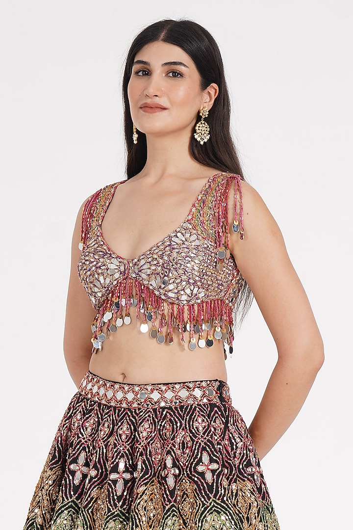 Matte Black Pure Silk Sequin & Mirror Embroidered Bridal Lehenga Set by Abhinav Mishra at Pernia's Pop Up Shop
