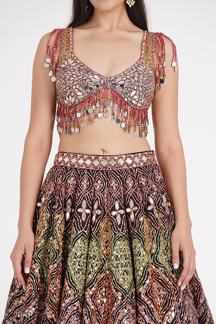 Matte Black Pure Silk Sequin & Mirror Embroidered Bridal Lehenga Set by Abhinav Mishra at Pernia's Pop Up Shop