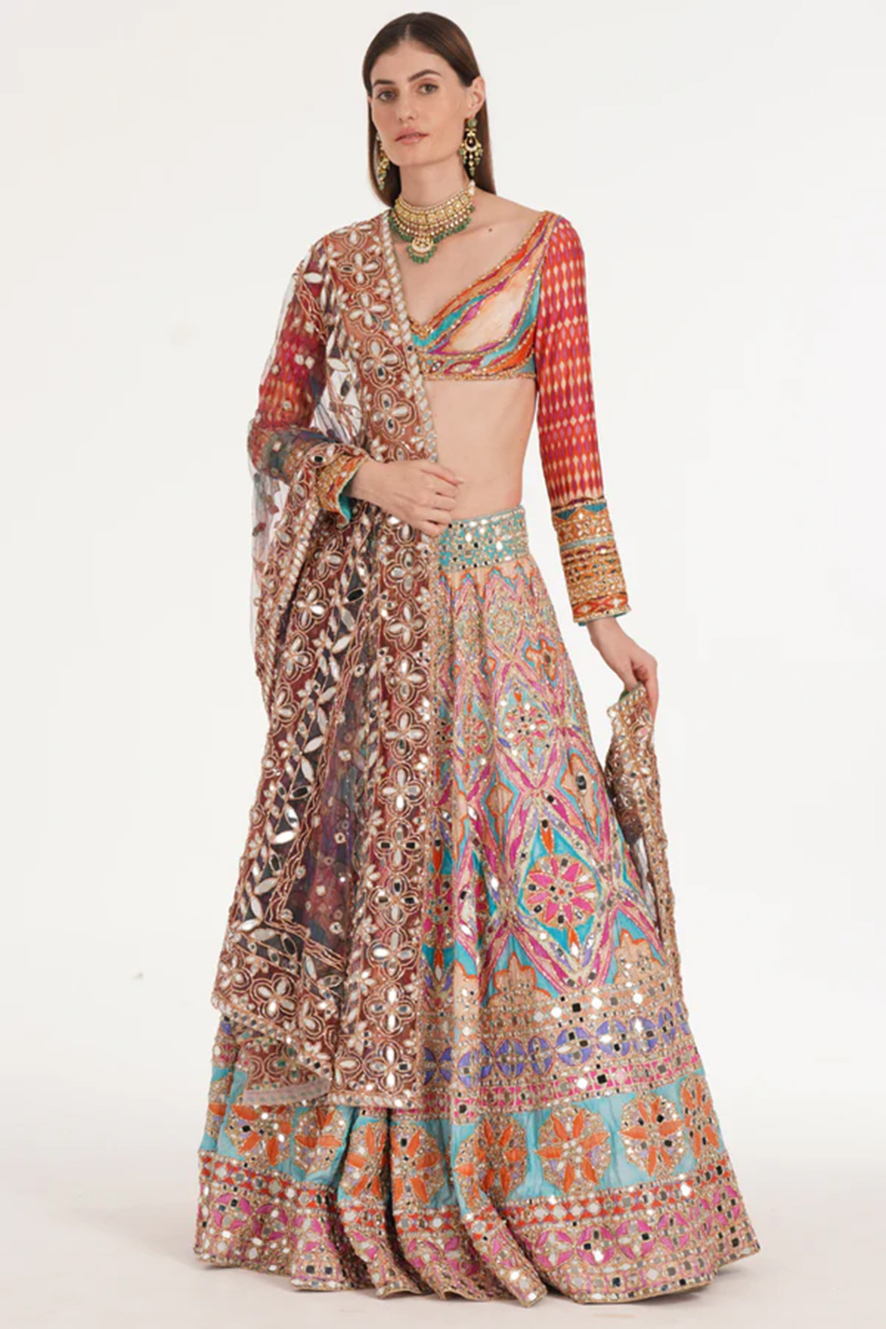 Multi-Colored Chanderi Mirror Embroidered Bridal Lehenga Set by Abhinav Mishra at Pernia's Pop Up Shop