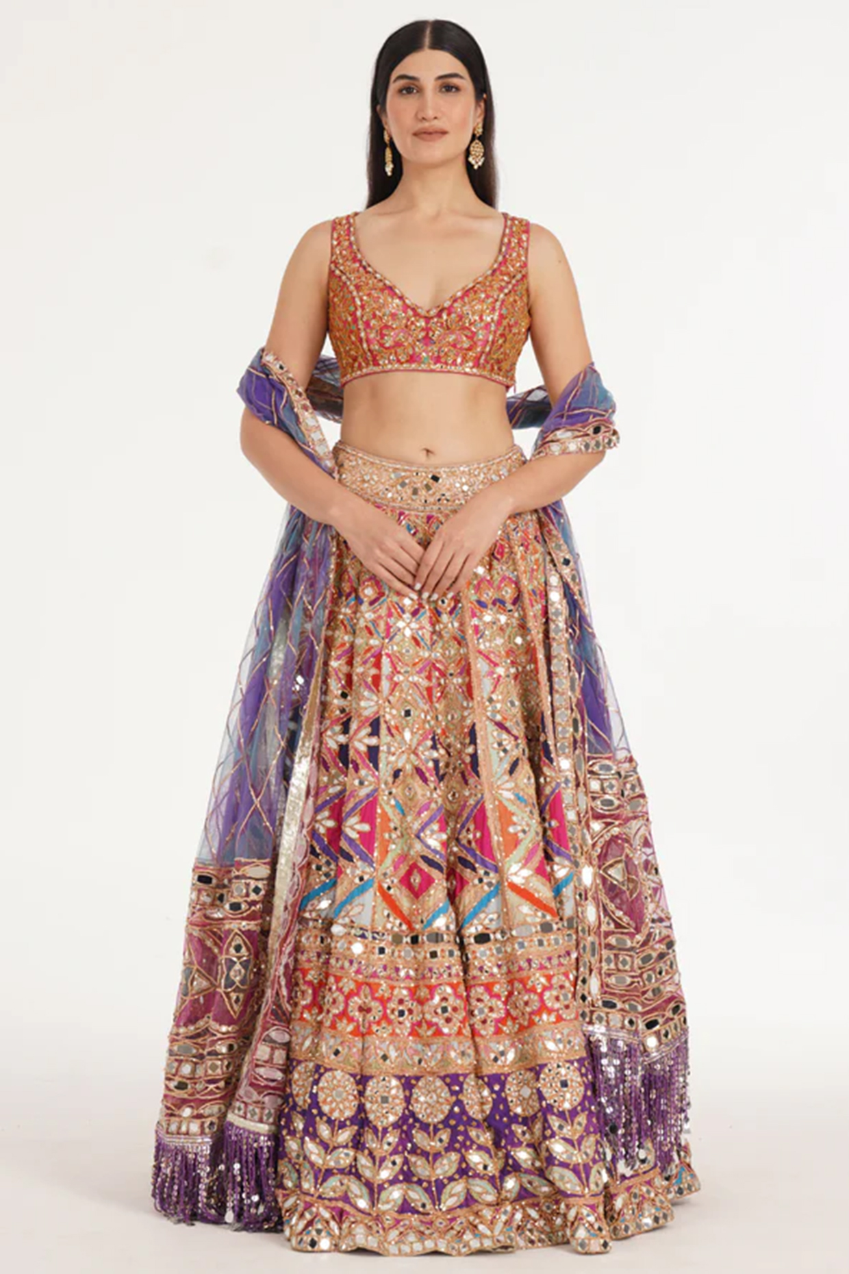 Multi-Colored Chanderi Mirror Embroidered Bridal Lehenga Set by Abhinav Mishra at Pernia's Pop Up Shop