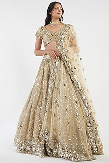 Beige & Gold Zari Hand Embroidered Lehenga Set by Abhinav Mishra-GOLD