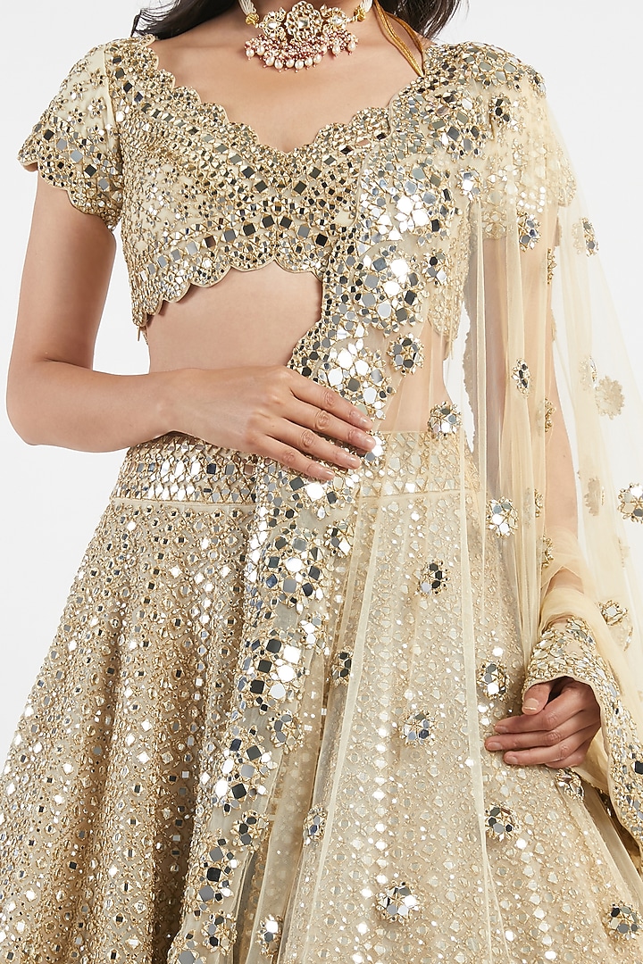 Beige & Gold Zari Hand Embroidered Bridal Lehenga Set by Abhinav Mishra at Pernia's Pop Up Shop