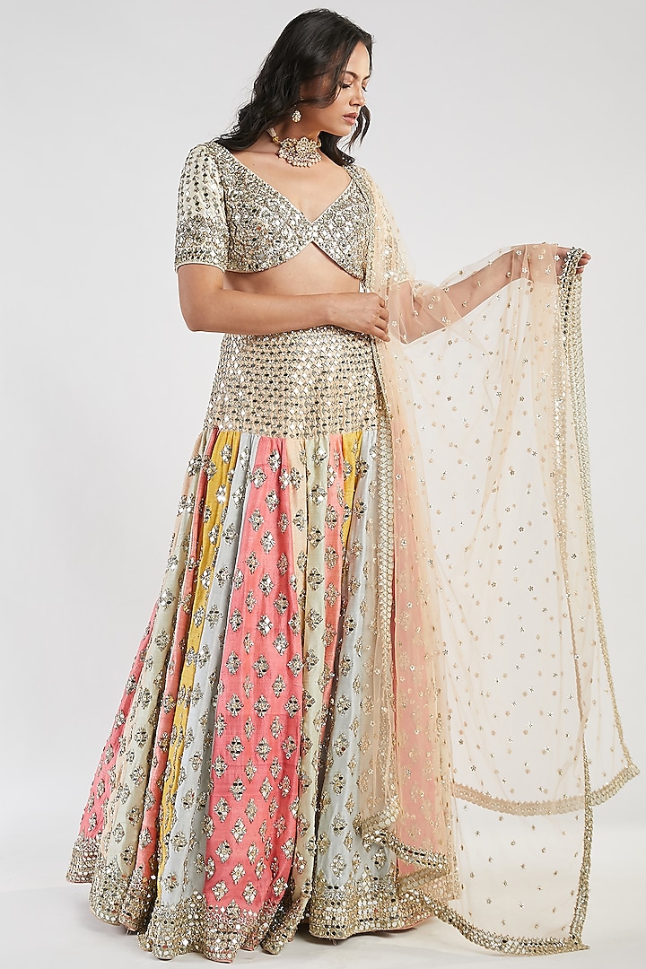 Multi Colored Mirror Hand Embroidered Lehenga Set by Abhinav Mishra