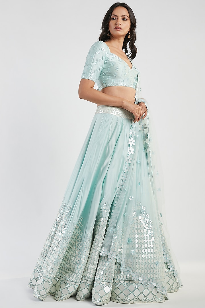 Powder Blue Hand Embroidered Lehenga Set by Abhinav Mishra