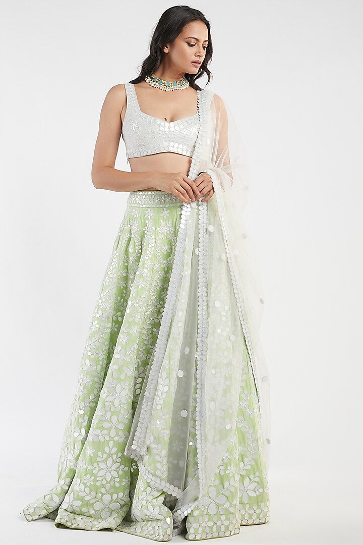 Mint Hand Embroidered Lehenga Set by Abhinav Mishra