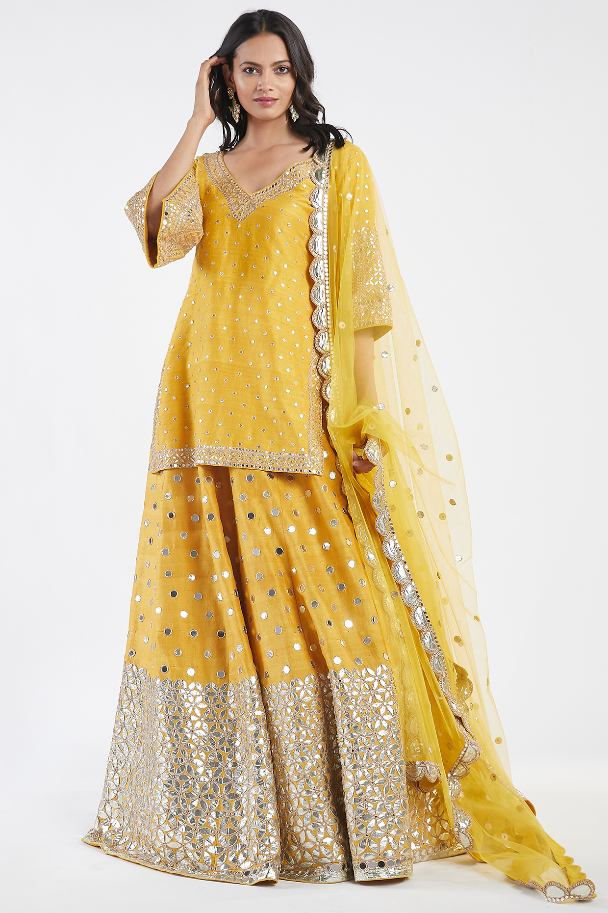 Yellow Mirror Hand Embroidered Bridal Lehenga Set by Abhinav Mishra at Pernia's Pop Up Shop