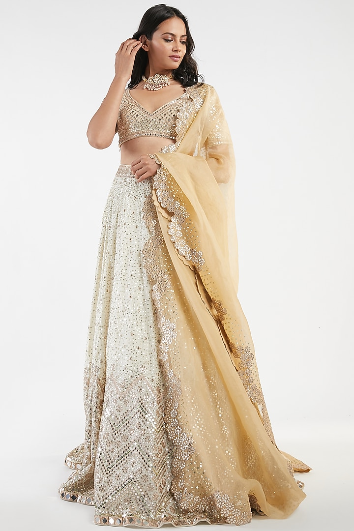 Ivory Hand Embroidered Bridal Lehenga Set by Abhinav Mishra at Pernia's Pop Up Shop
