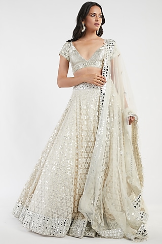 Ivory Mirror Hand Embroidered Lehenga Set by Abhinav Mishra
