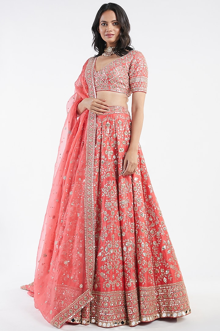 Red Mirror Hand Embroidered Bridal Lehenga Set by Abhinav Mishra at Pernia's Pop Up Shop