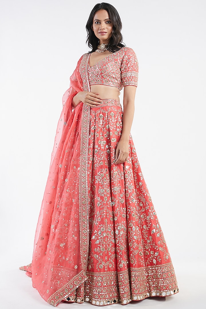 Red Mirror Hand Embroidered Lehenga Set by Abhinav Mishra