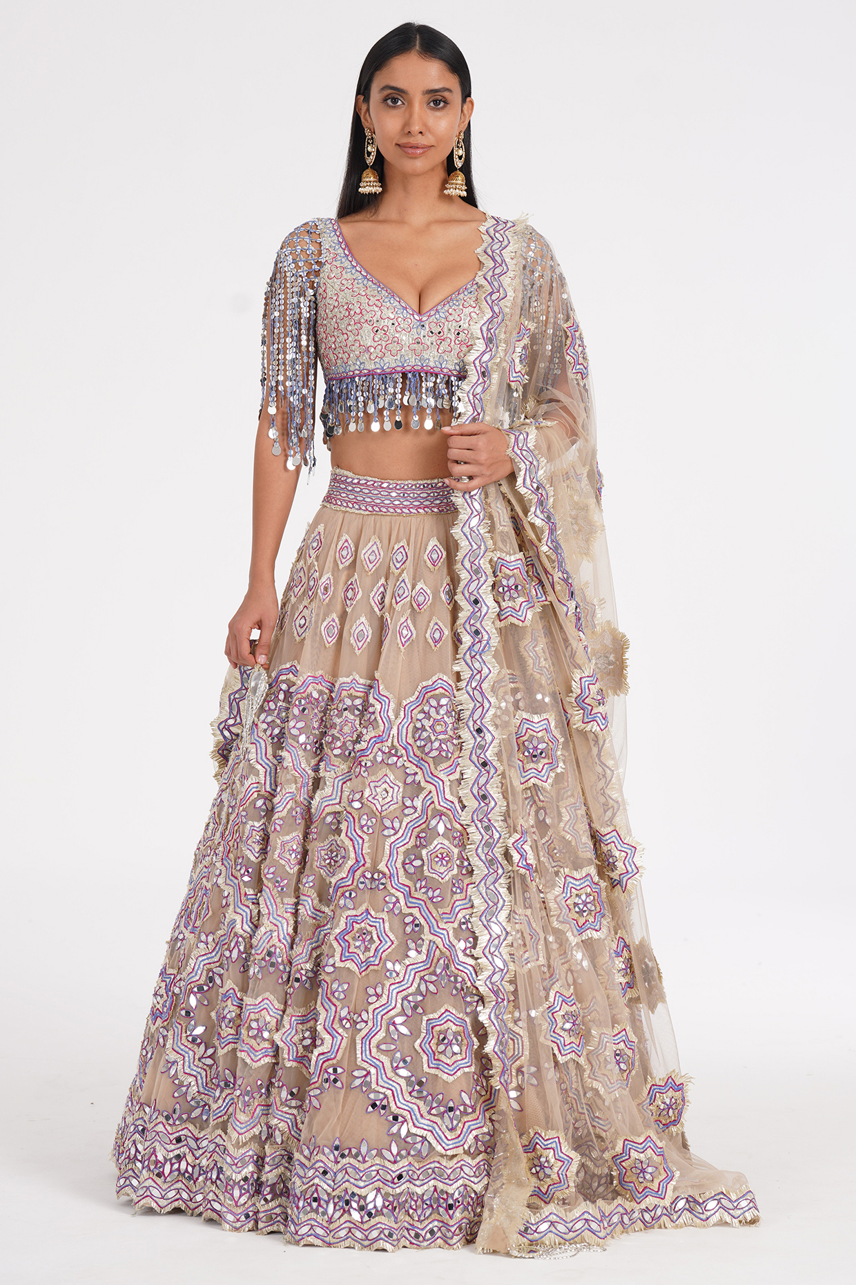 Oyster Grey Net Mirror & Zari Embroidered Bridal Lehenga Set by Abhinav Mishra at Pernia's Pop Up Shop