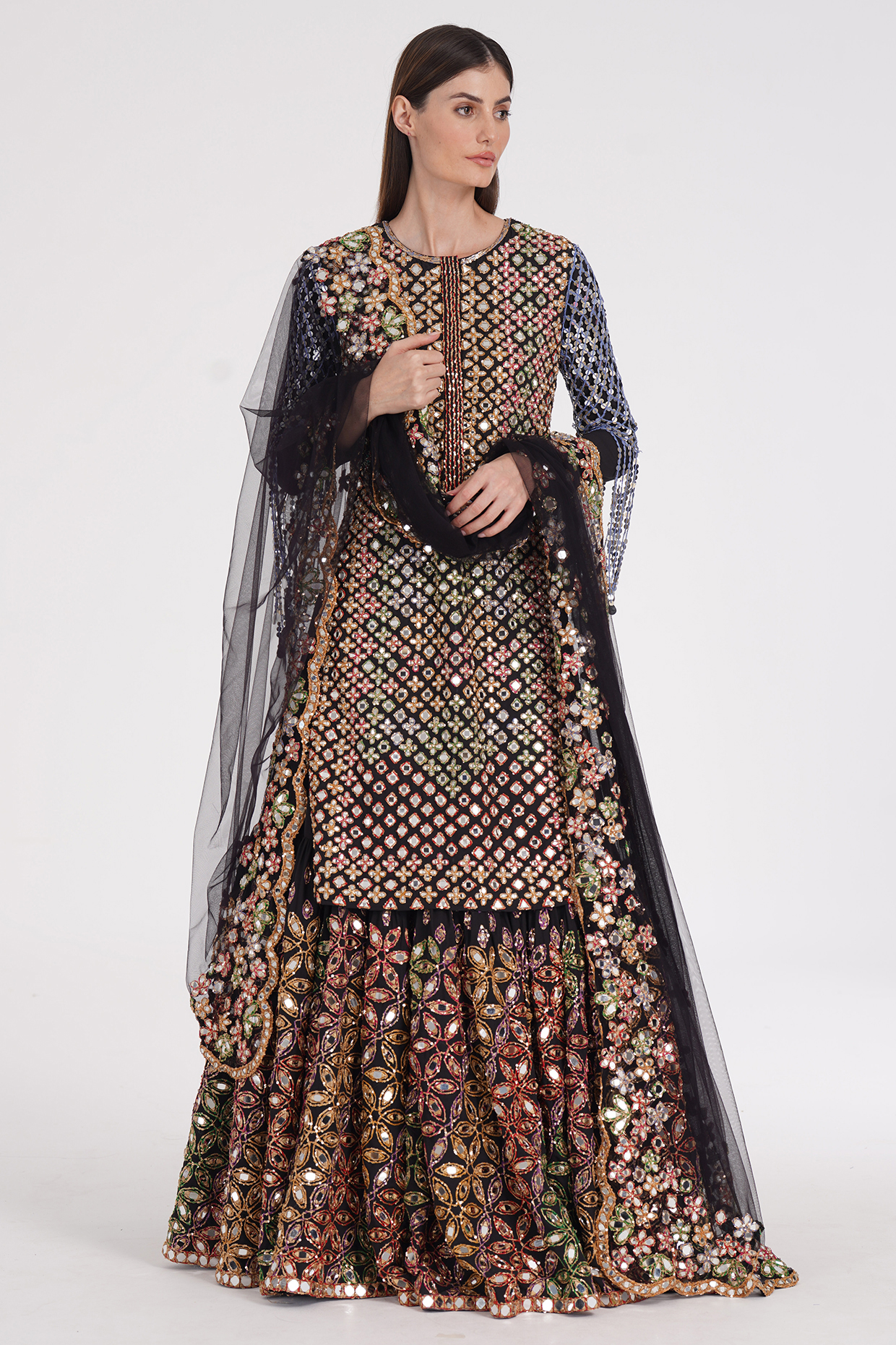 Matte Black Georgette Zari & Mirror Hand Embroidered Skirt Set by Abhinav Mishra at Pernia's Pop Up Shop