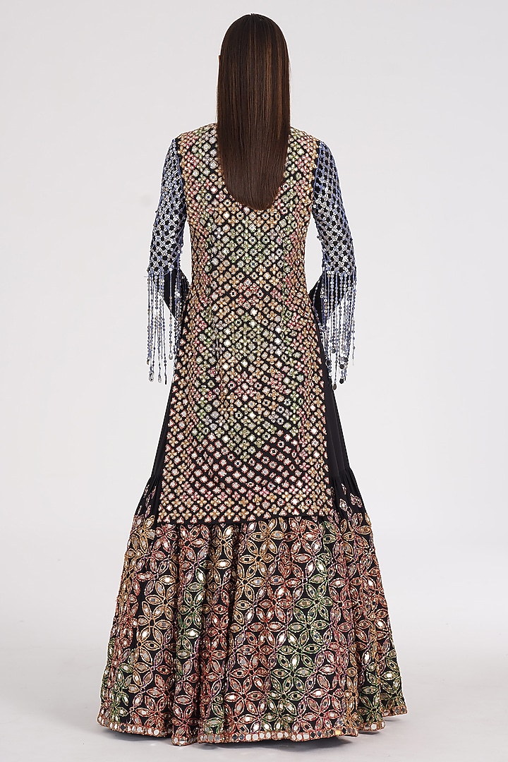 Matte Black Georgette Zari & Mirror Hand Embroidered Skirt Set by Abhinav Mishra at Pernia's Pop Up Shop
