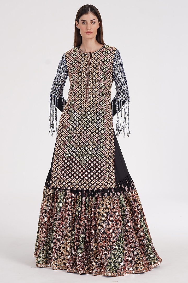 Matte Black Georgette Zari & Mirror Hand Embroidered Skirt Set by Abhinav Mishra at Pernia's Pop Up Shop