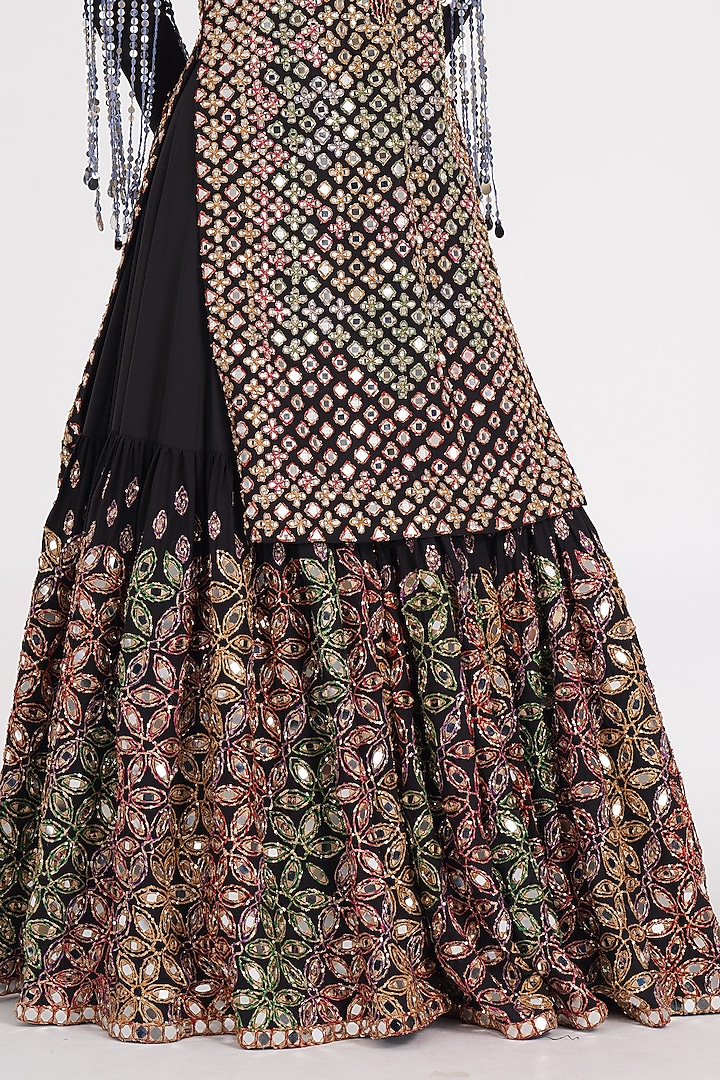 Matte Black Georgette Zari & Mirror Hand Embroidered Skirt Set by Abhinav Mishra at Pernia's Pop Up Shop