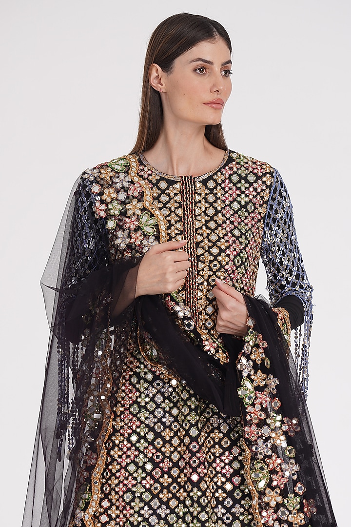 Matte Black Georgette Zari & Mirror Hand Embroidered Skirt Set by Abhinav Mishra at Pernia's Pop Up Shop