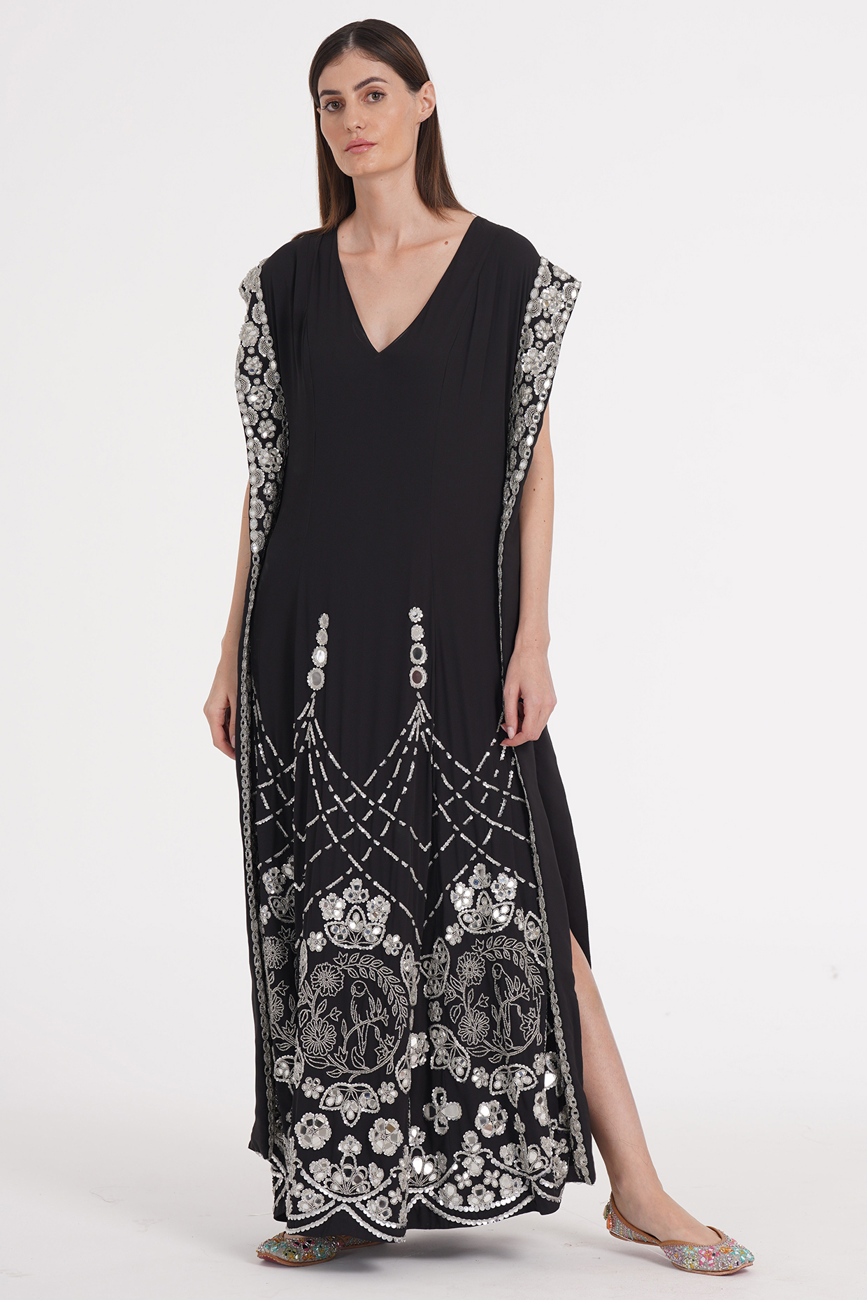 Charcoal Black Georgette Zari Hand Embroidered Kaftan by Abhinav Mishra at Pernia's Pop Up Shop