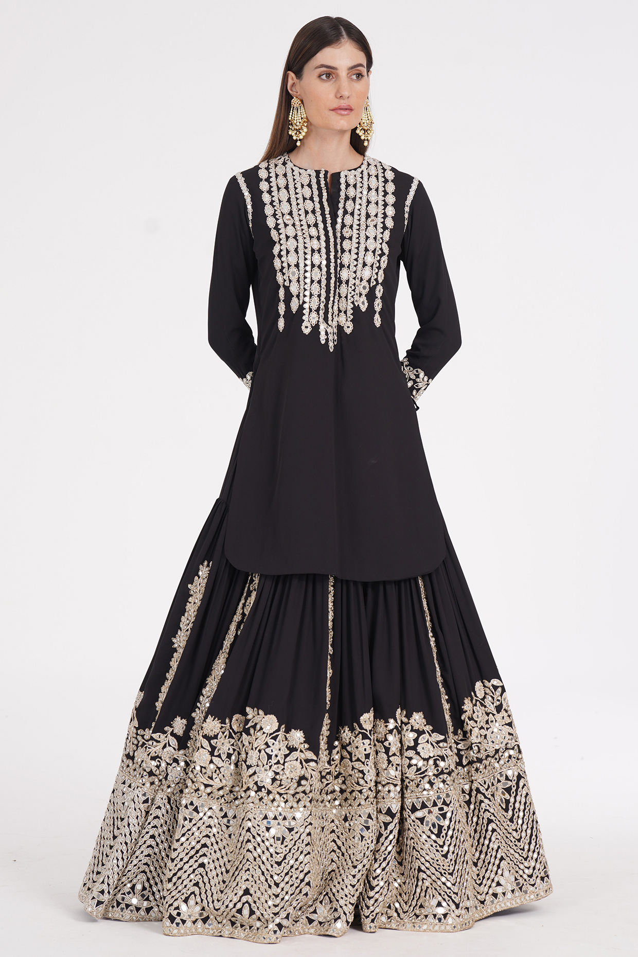 Carbon Black Georgette Zari & Mirror Hand Embroidered Bridal Lehenga Set by Abhinav Mishra at Pernia's Pop Up Shop