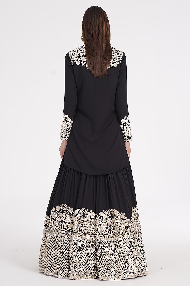 Carbon Black Georgette Zari & Mirror Hand Embroidered Bridal Lehenga Set by Abhinav Mishra at Pernia's Pop Up Shop