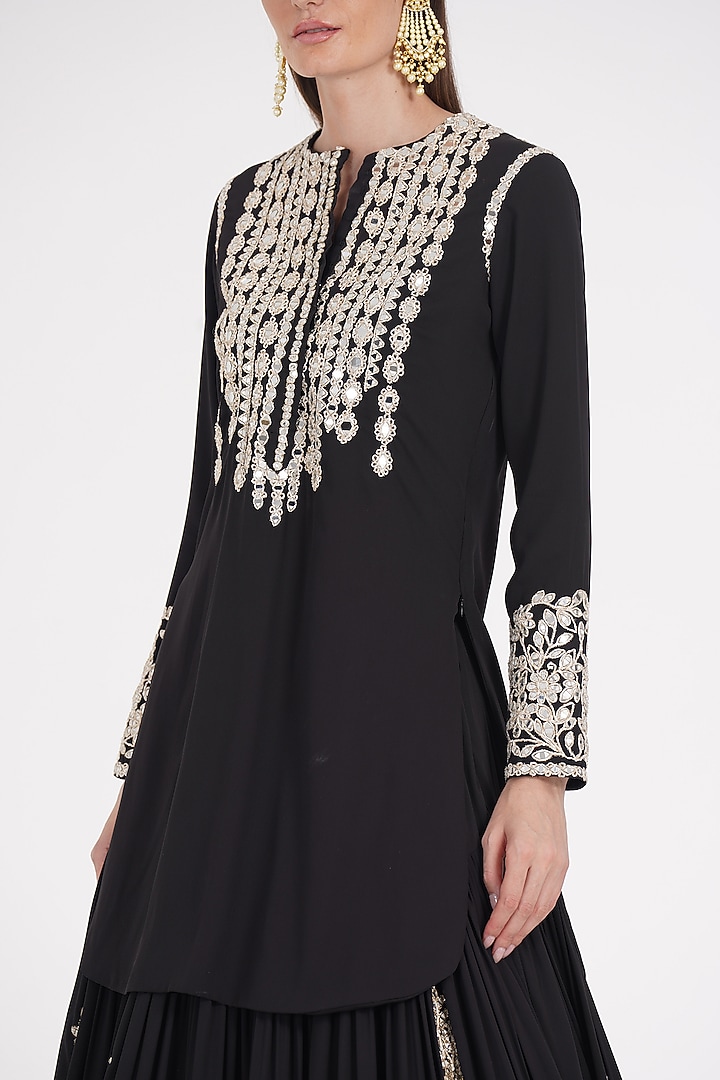 Carbon Black Georgette Zari & Mirror Hand Embroidered Bridal Lehenga Set by Abhinav Mishra at Pernia's Pop Up Shop