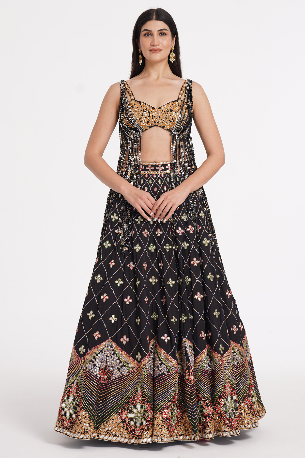 Matte Black Georgette Sequin & Mirror Embroidered Bridal Lehenga Set by Abhinav Mishra at Pernia's Pop Up Shop