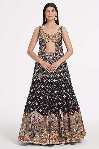 Matte Black Georgette Sequin & Mirror Embroidered Lehenga Set by Abhinav Mishra